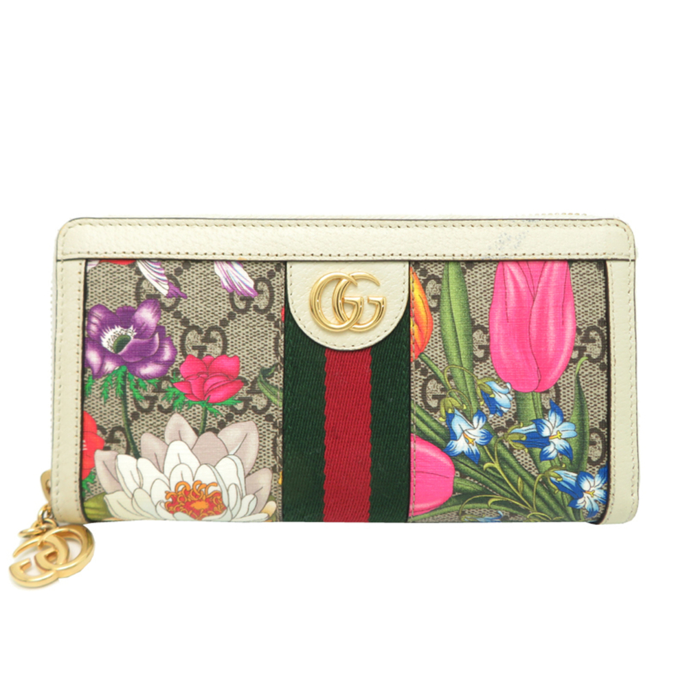 Gucci Ophidia Round Zipper Women's Long Wallet 523154 GG Flora Beige